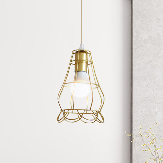 Gold Wire Cage Pendant Light - Retro Industrial Iron Hanging Lamp With Shade For Coffee Shop / C