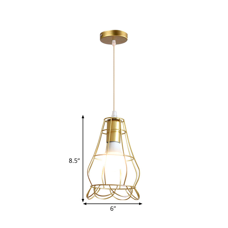 Gold Wire Cage Pendant Light - Retro Industrial Iron Hanging Lamp For Coffee Shop
