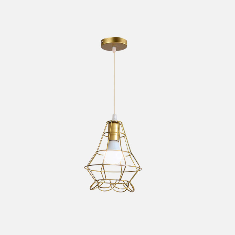 Gold Wire Cage Pendant Light - Retro Industrial Iron Hanging Lamp For Coffee Shop