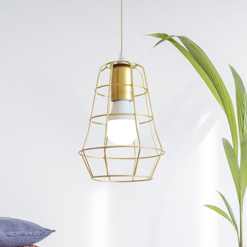 Gold Wire Cage Pendant Light - Retro Industrial Iron Hanging Lamp For Coffee Shop / E
