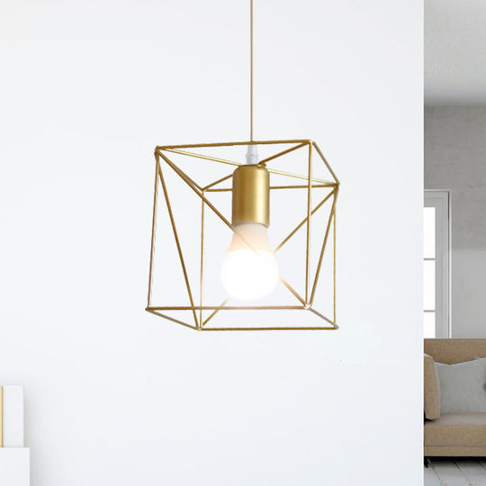 Gold Metal Pendant Light With Unique Globe/Hexagon Cage Shade For Dining Room / Square