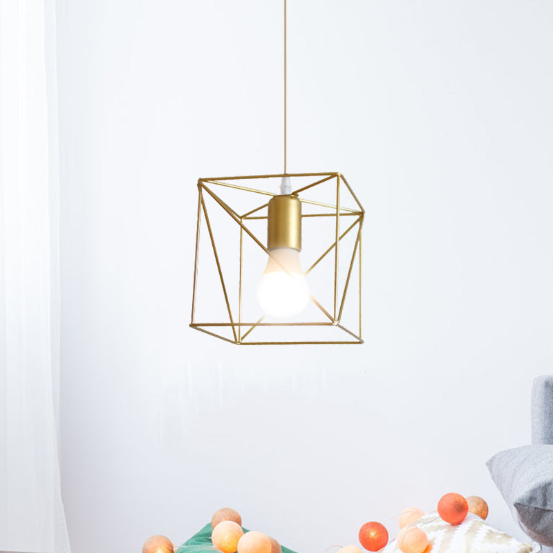 Gold Metal Pendant Light With Unique Globe/Hexagon Cage Shade For Dining Room