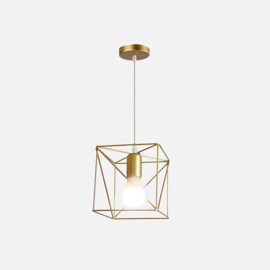 Gold Metal Pendant Light With Unique Globe/Hexagon Cage Shade For Dining Room