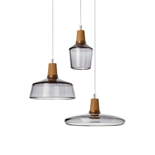 Modern Round Canopy Coffee Shop Multi Pendant Clear/Smoked Glass Ceiling Light With Wood Accent -