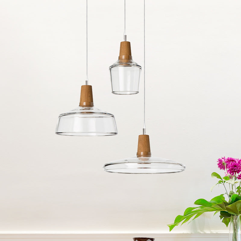 Modern Round Canopy Coffee Shop Multi Pendant Clear/Smoked Glass Ceiling Light With Wood Accent -