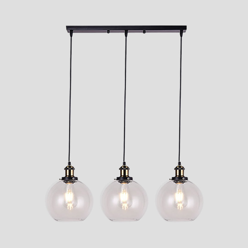 Globe Clear Glass Pendant Industrial Lighting - 3-Light Linear Canopy For Living Room