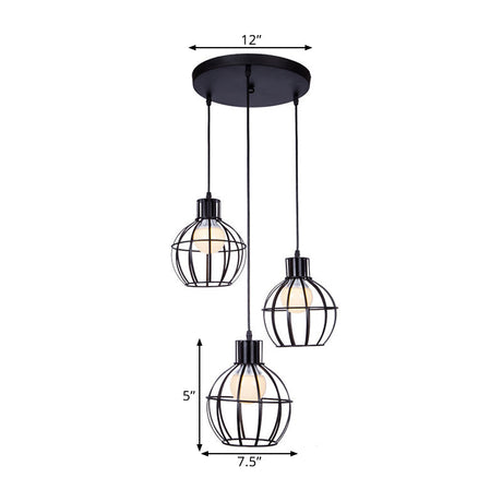 Industrial Style Black Pendant Light With Globe Shade - Set Of 3 Bulbs For Dining Room Lighting