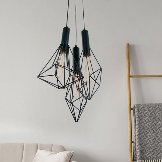 Industrial Black Iron Cage Pendant Hanging Light With 3 Lights For Cafe