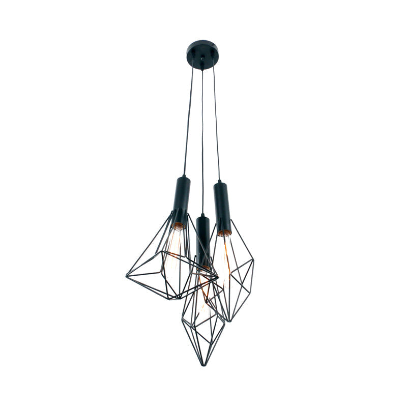 Industrial Black Iron Cage Pendant Light - Abstract Cafe Hanging Fixture With 3 Lights