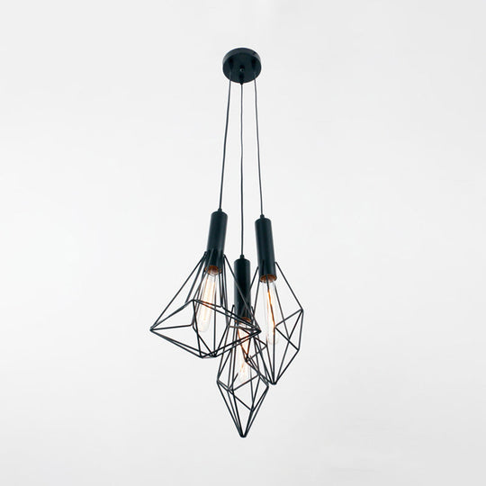 Industrial Black Iron Cage Pendant Hanging Light With 3 Lights For Cafe