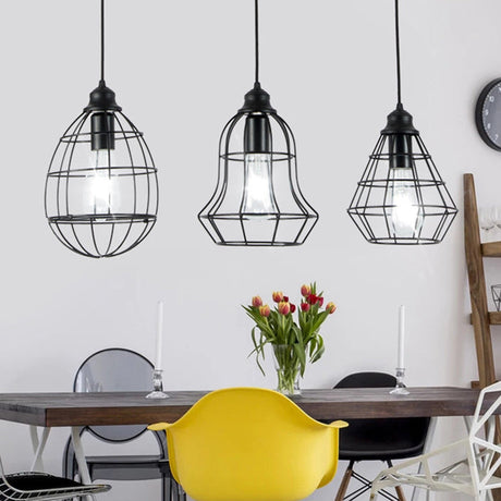 Vintage Black Metal Cage Pendant Lighting Set With 3 Unique Shades - Perfect For Coffee Shop