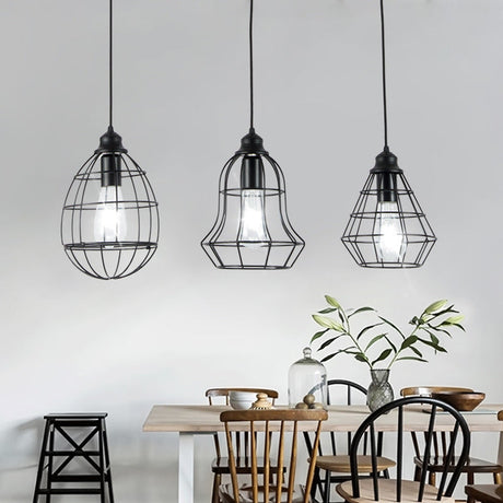 Vintage Black Metal Cage Pendant Lighting Set With 3 Unique Shades - Perfect For Coffee Shop