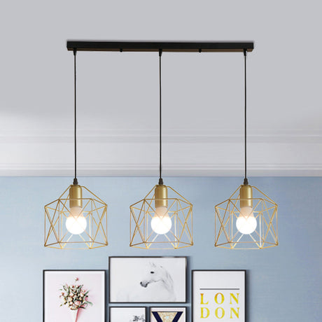 Industrial Gold Iron Hexagon Cage Ceiling Light With 3 Lights Perfect For Restaurants