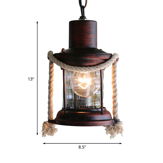 Coastal Kerosene Pendant Light: Clear Glass Hanging Ceiling Light In Antique Brass/Weathered Copper