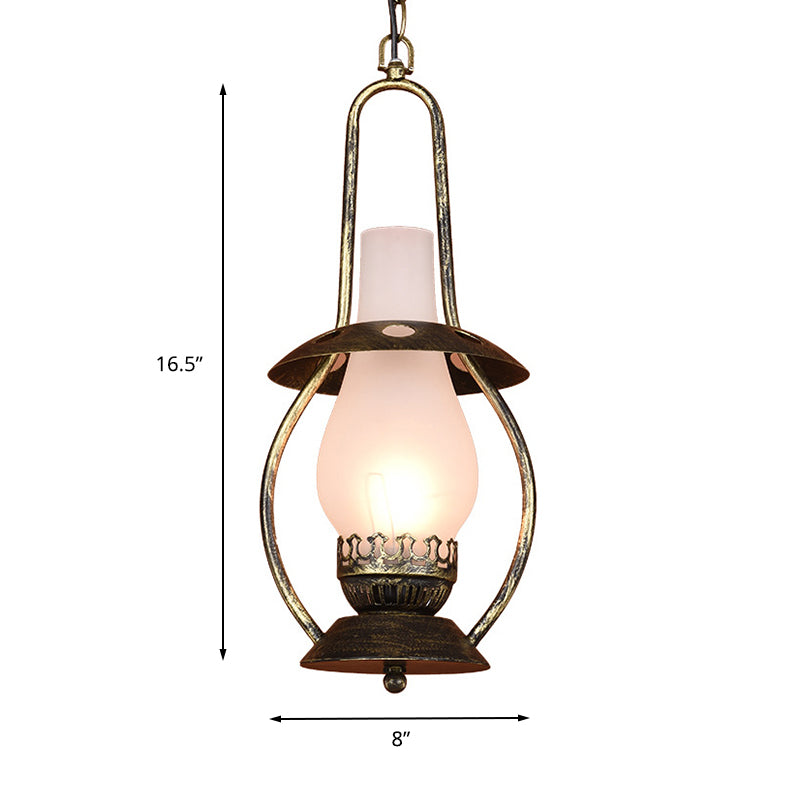Farmhouse Brass Pendant Ceiling Light With Milk Glass - Rustic Kerosene Lighting Fixture For