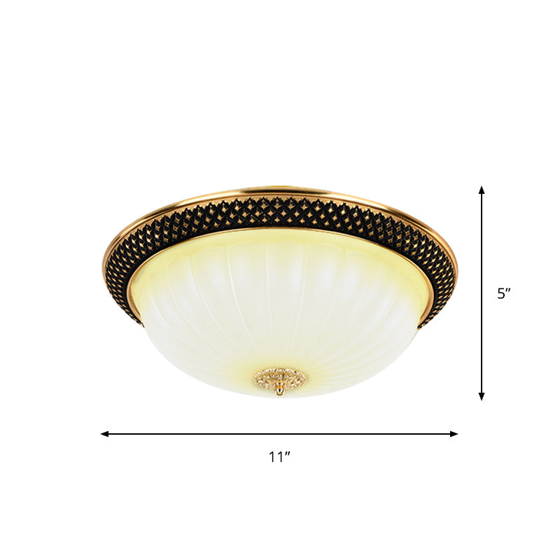 Vintage Fluted Opal Glass Semi - Orb Flush Mount Led Ceiling Light 11’/15’ Width In Black & Gold