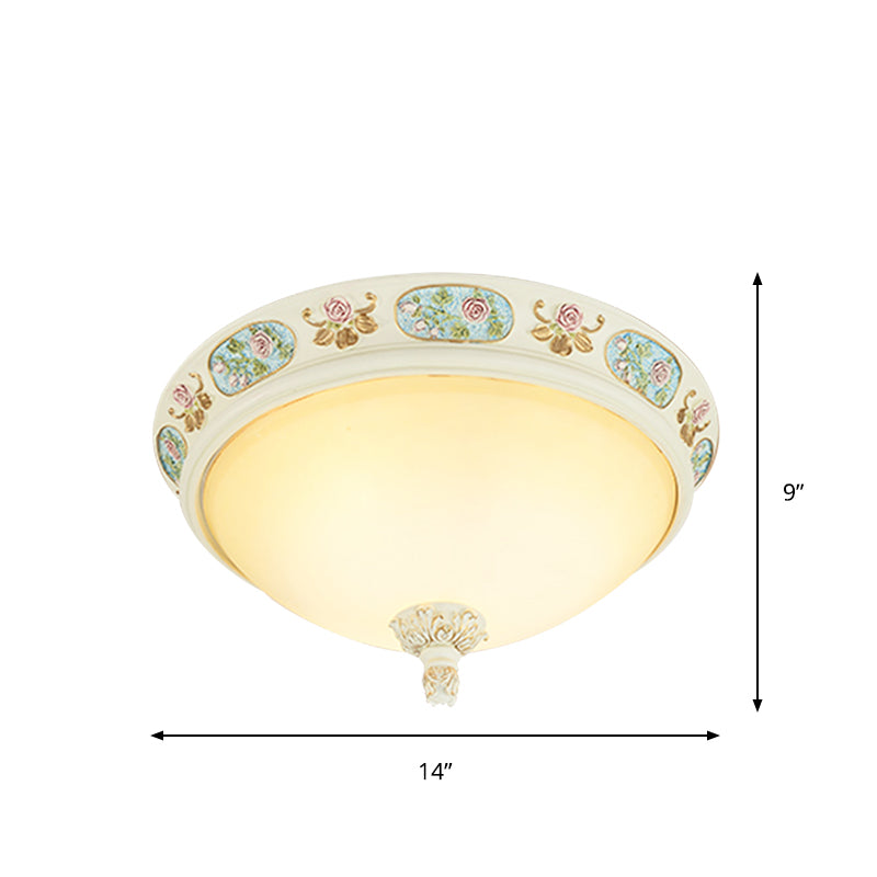 2/3 - Head Flush Mount Opaline Glass Dome Ceiling Light With Flower Decor In Blue And White
