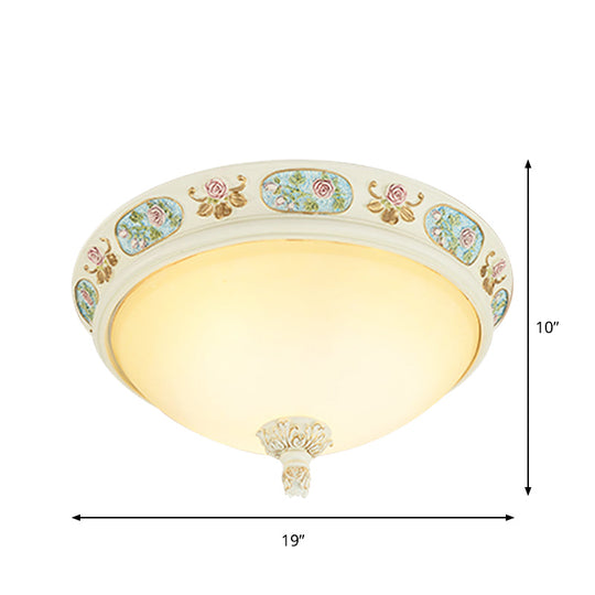 2/3 - Head Flush Mount Opaline Glass Dome Ceiling Light With Flower Decor In Blue And White