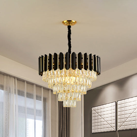 Lustre suspendu conique noir moderne avec plafonnier à 6 blocs de cristal