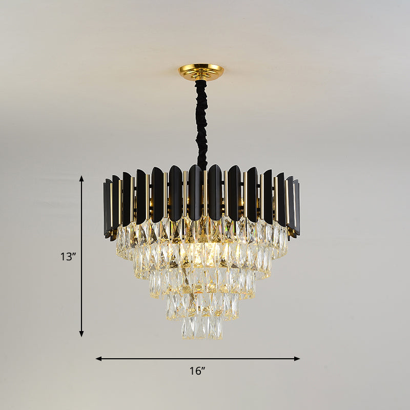 Lustre suspendu conique noir moderne avec plafonnier à 6 blocs de cristal