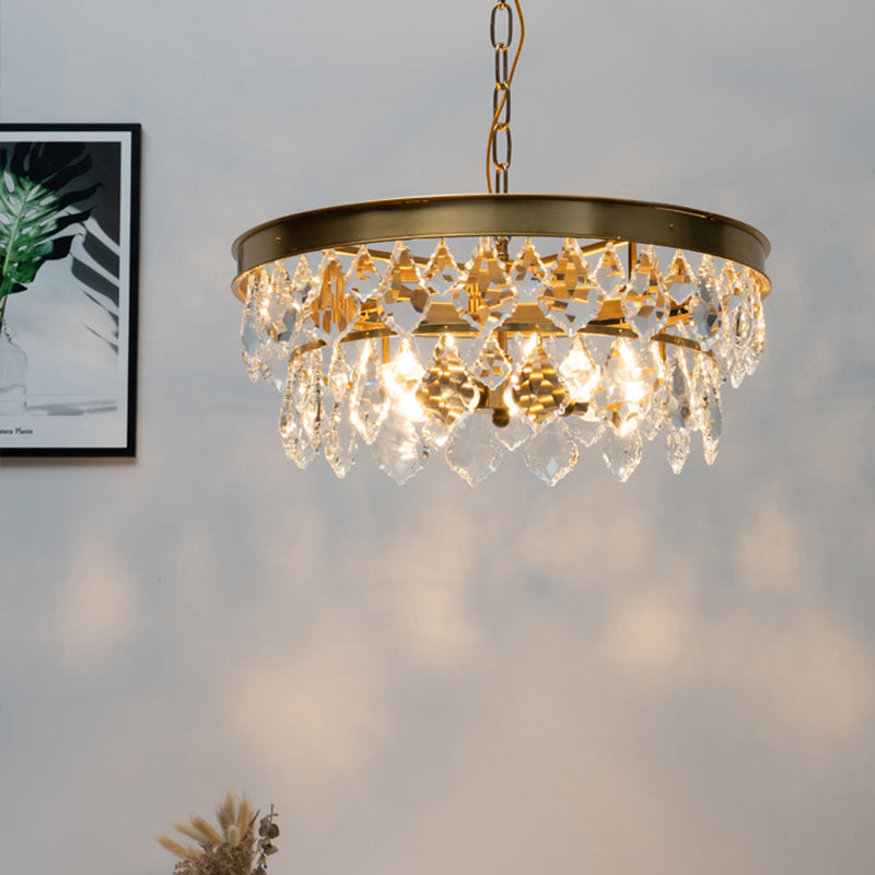 Contemporary Gold Ring Chandelier With Rhombic Crystals - 4 Bulbs Elegant Suspension Lighting