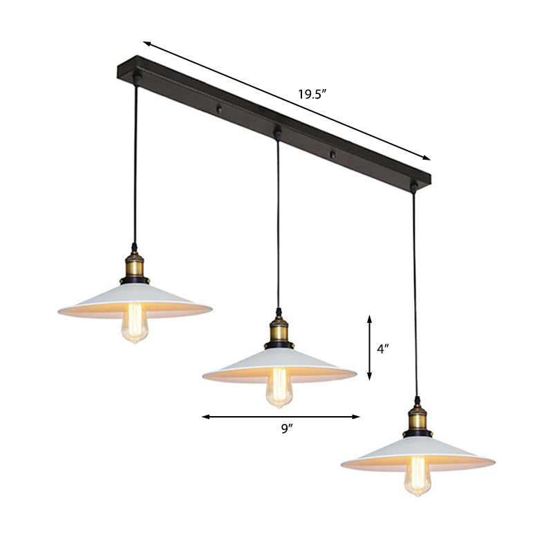 White Metal Pendant Light With 3 Industrial Saucer Hanging Ceiling Lights - Linear/Round Canopy