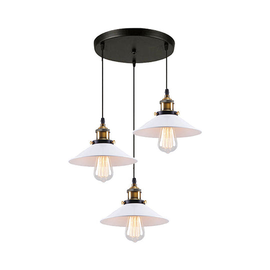 Industrial Style White Conic Ceiling Pendant With Metallic Finish - 3 Heads Indoor Hanging Light