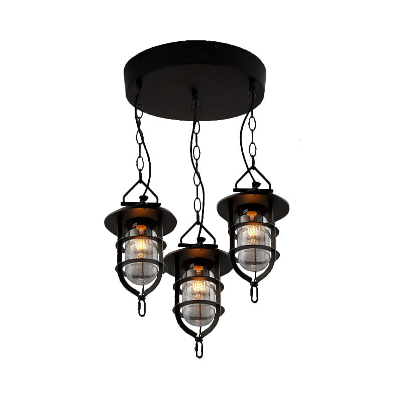 Vintage Black Caged Glass Multi Pendant 3-Light Fixture For Living Room - Round Canopy Hangs With