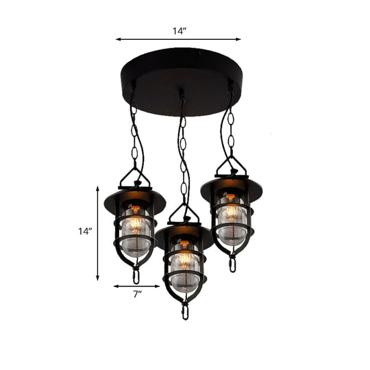 Vintage Black Caged Glass Multi Pendant 3-Light Fixture For Living Room - Round Canopy Hangs With