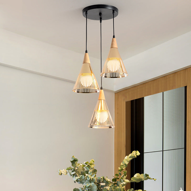 Nordic Cone Ceiling Light With 3 Metal And Wood Pendant Heads Gold / Round