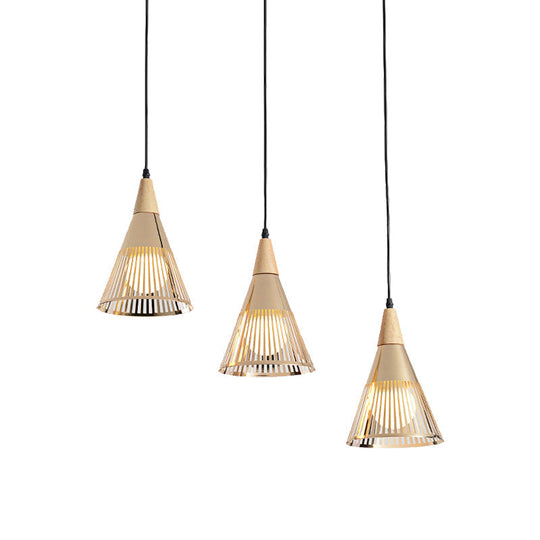 Nordic Cone Ceiling Light - 3 Head Metal And Wood Pendant Lighting With Wire Frame Linear/Round