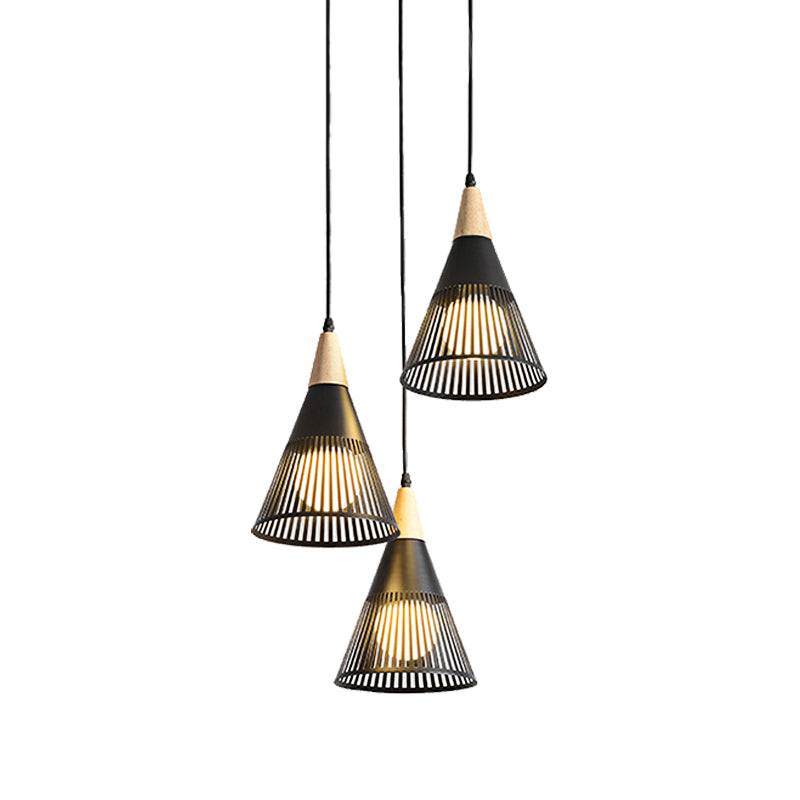 Nordic Cone Ceiling Light - 3 Head Metal And Wood Pendant Lighting With Wire Frame Linear/Round