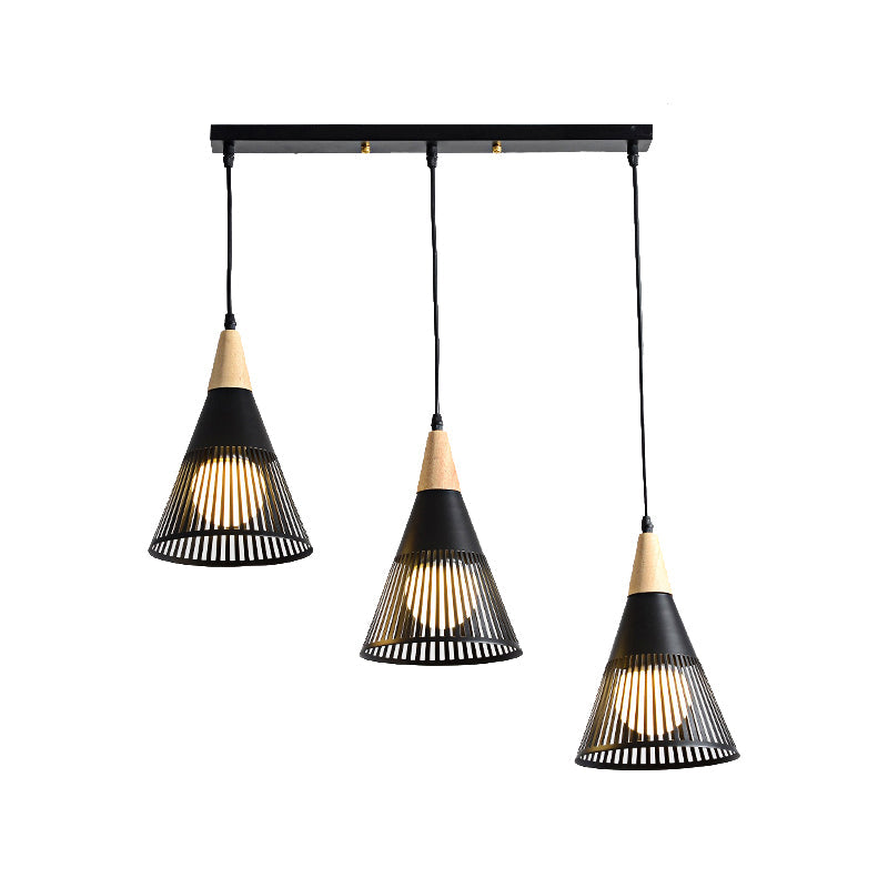 Nordic Cone Ceiling Light - 3 Head Metal And Wood Pendant Lighting With Wire Frame Linear/Round
