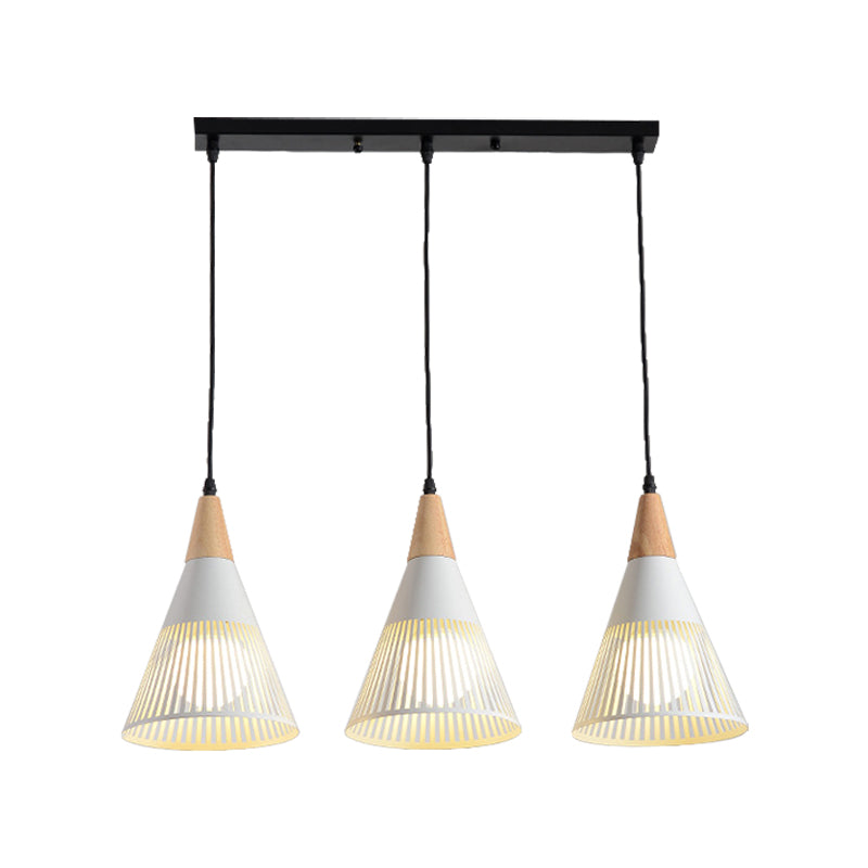 Nordic Cone Ceiling Light - 3 Head Metal And Wood Pendant Lighting With Wire Frame Linear/Round