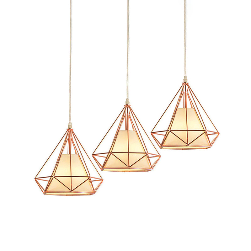 Modern Rose Gold Wire Frame Pendant Lamp With 3 Bulbs
