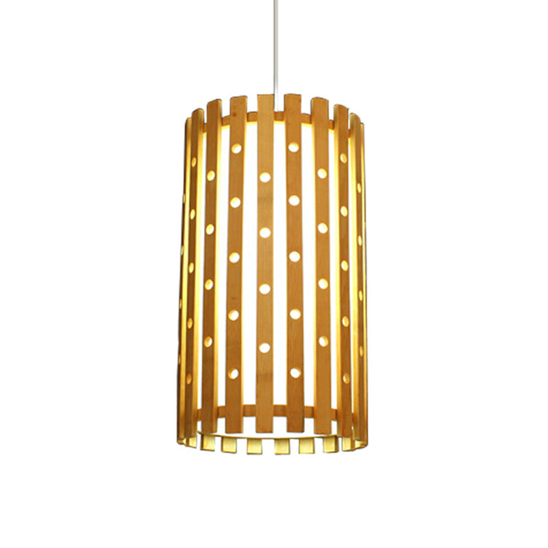 Hollow Bamboo Cylinder Ceiling Light: Modern Beige Hanging Lamp For Living Room Single Bulb