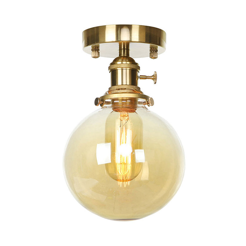 Farmhouse Brass Ceiling Light With Clear/Amber Glass Globe - Semi Flush Mount For Dining Room
