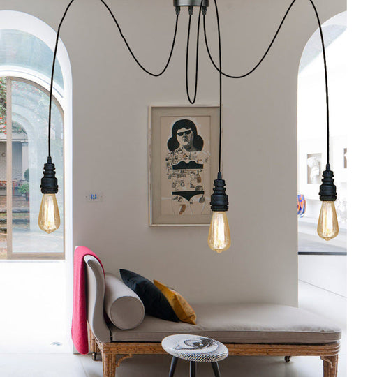 Industrial Swag Hanging Lamp With Exposed Lights - Black Metal Pendant Light For Kitchen (2/3/6