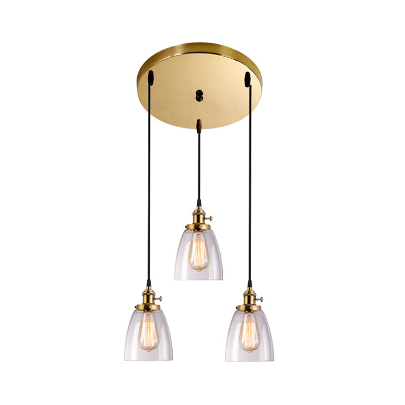 Industrial Aged Brass Dining Room Pendant Light Fixture With Tapered Clear Glass Shades - 3-Light