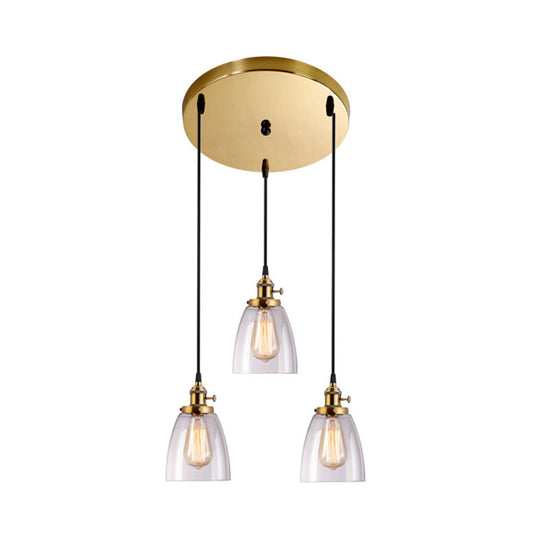 Industrial Aged Brass Dining Room Pendant Light Fixture With Tapered Clear Glass Shades - 3-Light