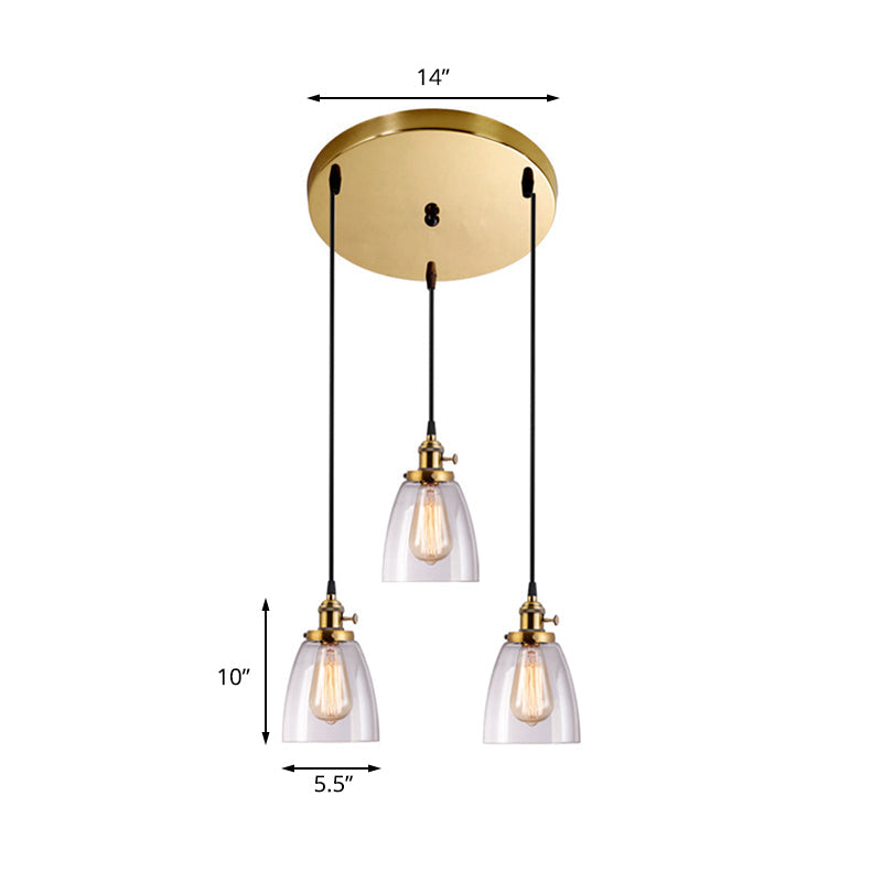 Industrial Aged Brass Dining Room Pendant Light Fixture With Tapered Clear Glass Shades - 3-Light