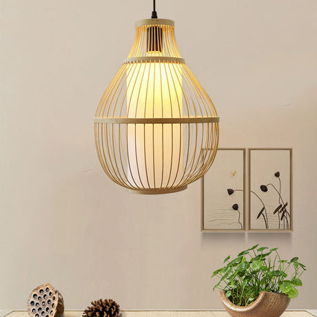 Bamboo Teardrop Pendant Lamp With Cylinder Paper Shade- Lodge Style Beige Lighting