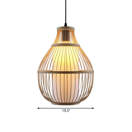 Bamboo Teardrop Pendant Lamp With Cylinder Paper Shade- Lodge Style Beige Lighting