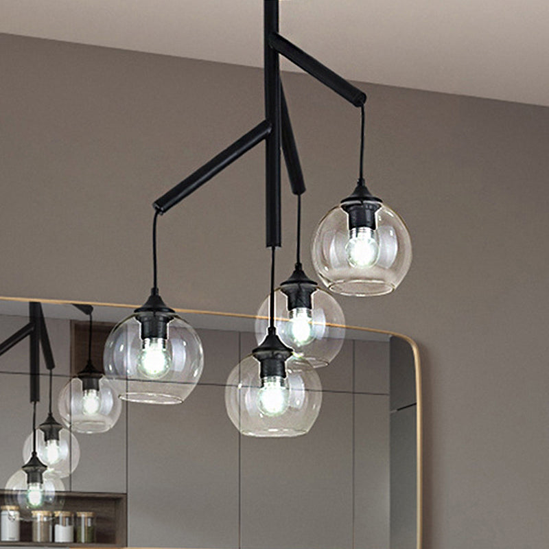 Contemporary Metal Branch Chandelier - 4-Light Black Pendant Lamp With Clear Glass Shade