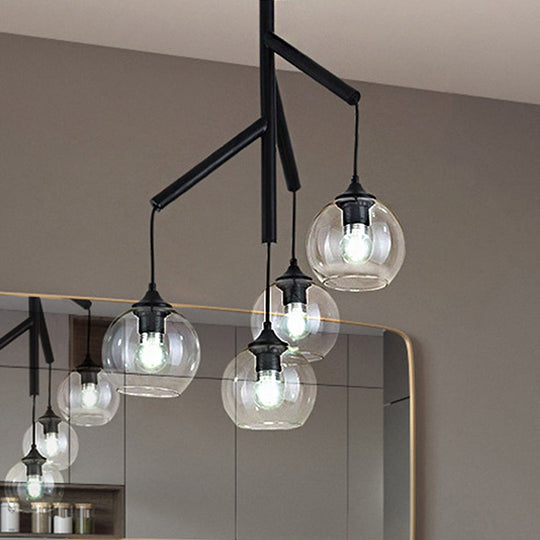Contemporary Metal Branch Chandelier - 4-Light Black Pendant Lamp With Clear Glass Shade