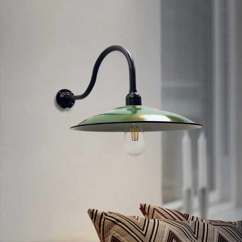 Vintage-Style Green Metallic Sconce Lighting For Dining Room - 1 Head Saucer Wall Light 12/14 Width