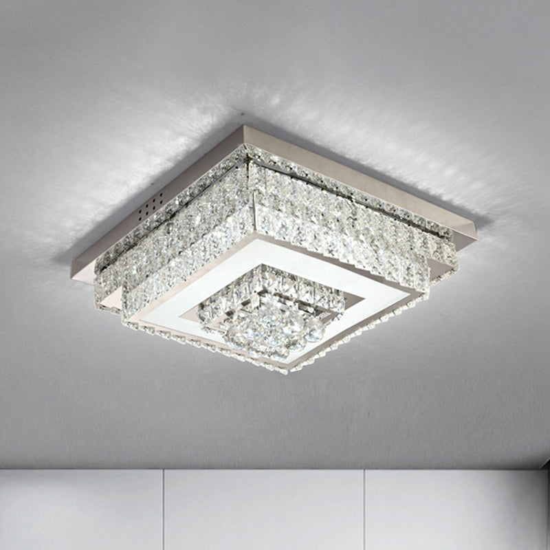 Contemporary Crystal Led Flush Mount Ceiling Light With Clear Drops For Bedroom / Square Plate