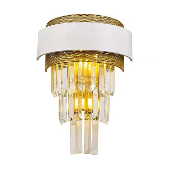 Modern White Square/Round Crystal Prisms Wall Sconce With Gold Mesh