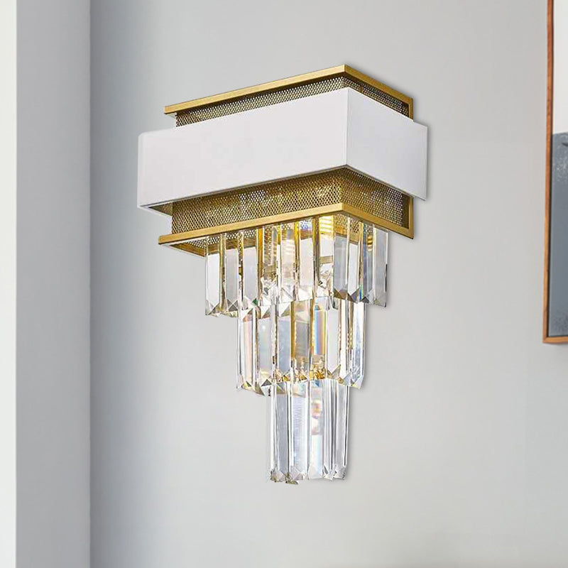 Modern White Square/Round Crystal Prisms Wall Sconce With Gold Mesh