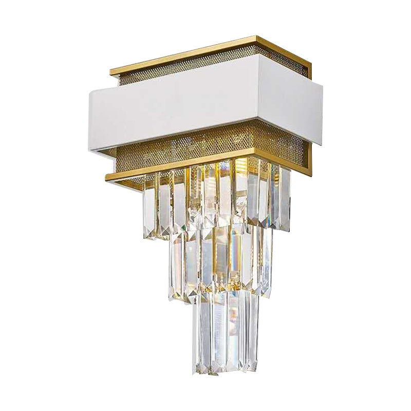 Modern White Square/Round Crystal Prisms Wall Sconce With Gold Mesh